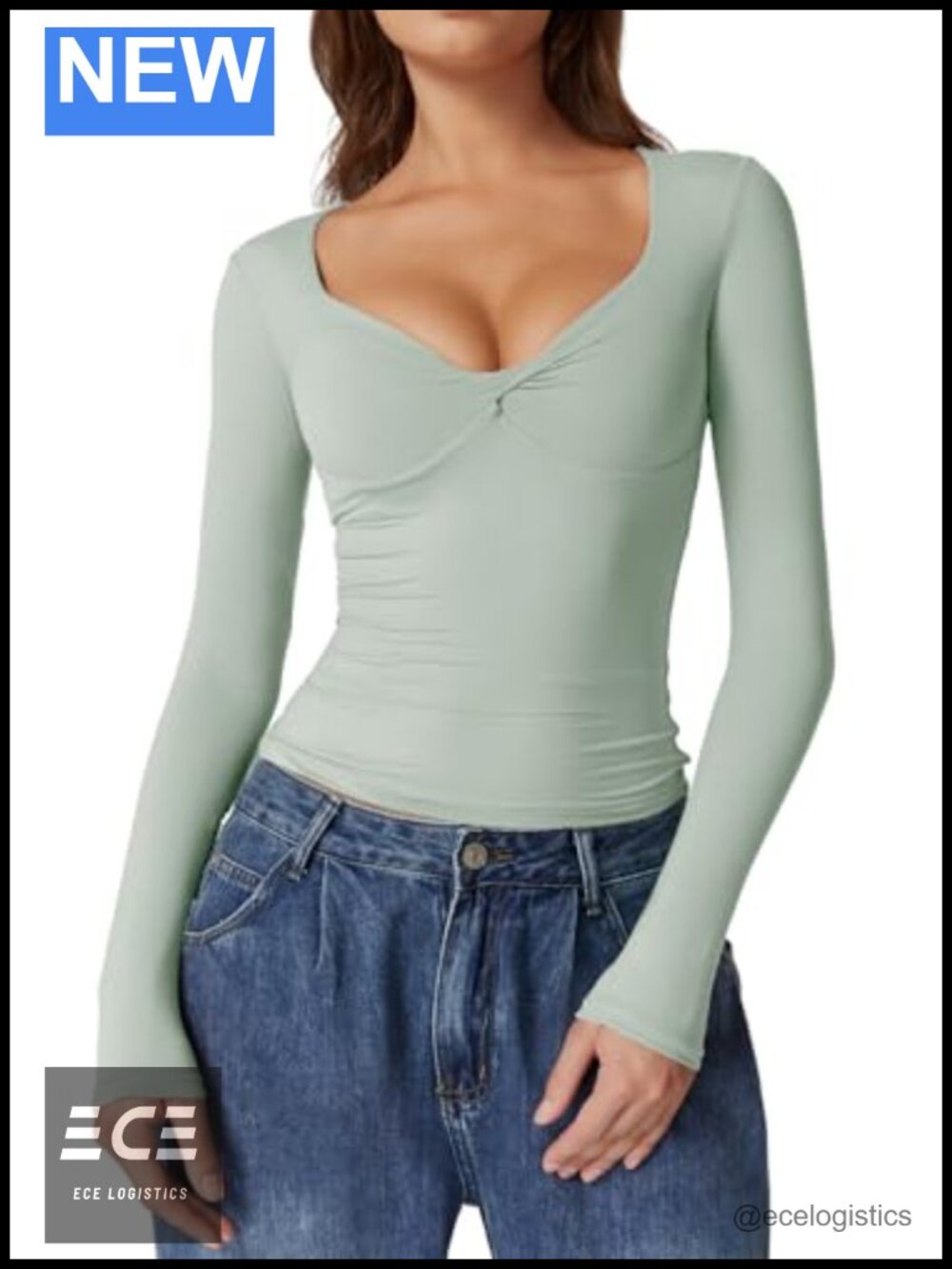 Womens Long Sleeve Twist Front V Neck T Shirt Double Lined Slim Fit Crop Top